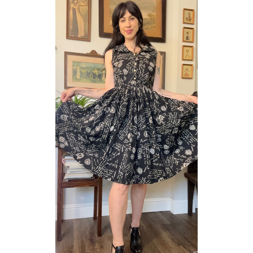 Vintage 50s 60s Black Script Odyssey mythology Print Fit Flare A line Dress - Picture 3 of 11